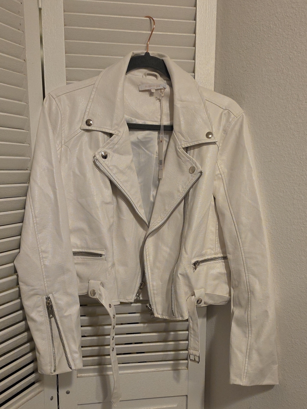Olivaceous White Faux Leather Moto Jacket with Zip Accents